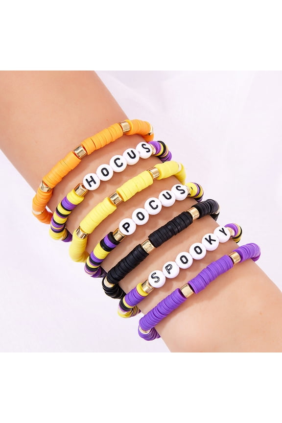 Handmade Halloween Multi-layered Beaded Bracelet for Women Black Orange Purple Colorful Halloween Thanksgiving Christmas Gifts Elastic Funny Pumpkin Ghost Halloween Bracelet