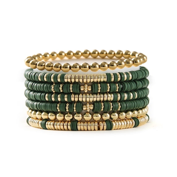 AEXTO Heishi Clay Bead Bracelets for Women Bohemian Stackable Gold Beaded Stretch Bracelets Elastic Layering Friendship Bracelets Set Boho Jewelry