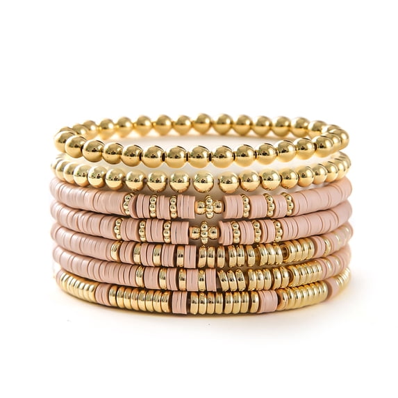 AEXTO Heishi Clay Bead Bracelets for Women Bohemian Stackable Gold Beaded Stretch Bracelets Elastic Layering Friendship Bracelets Set Boho Jewelry