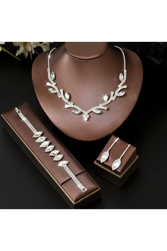Luxury Marquise Cut Crystal Jewelry Set for Women Leaf Statement Necklace with Dangle Earrings Tennis Bracelet – Elegant Iced Out Wedding Party Evening Accessories, Gorgeous Gift for Her