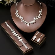 AEXTO Luxury Marquise Cut Crystal Jewelry Set for Women Leaf Statement Necklace with Dangle Earrings Tennis Bracelet   Elegant Iced Out Wedding Party Evening Accessories, Gorgeous Gift for Her