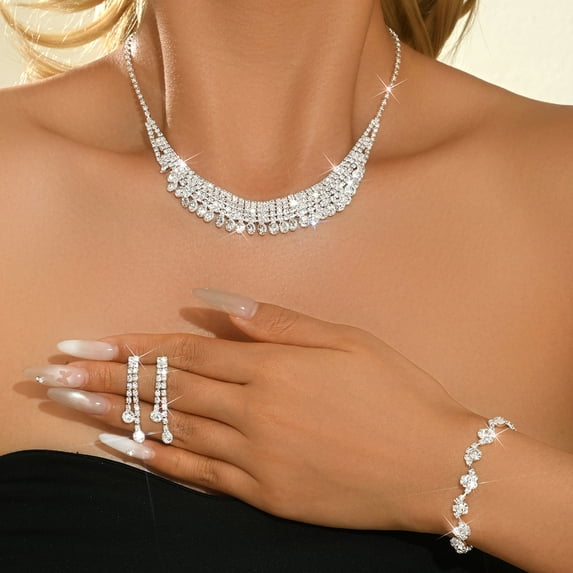AEXTO Luxury Multi-Row Crystal Bridal Jewelry Set for Women Wide Collar Statement Necklace, Linear Dangle Earrings, Eternity Bracelet Matching Ring, Sparkling Wedding Party Accessories
