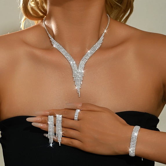 AEXTO Luxury Rhinestone Jewelry Set for Women – V-Neck Statement Necklace, Multi-Row Drop Earrings, Crystal Bracelet & Ring – Sparkling Bridal Wedding Party Accessories, Elegant Gift for Her