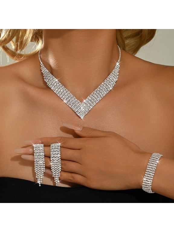 Luxury V-Neck Rhinestone Jewelry Set for Women – 3-Piece Statement Necklace, Tassel Earrings, Crystal Stretch Bracelet & Eternity Ring – Sparkling Bridal Wedding Prom Party Accessories
