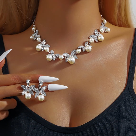 AEXTO Pearl Bride Wedding Jewelry Set Faux Pearls Crystal Rhinestone Necklace Earrings Bracelet Sets for Women Bridesmaid