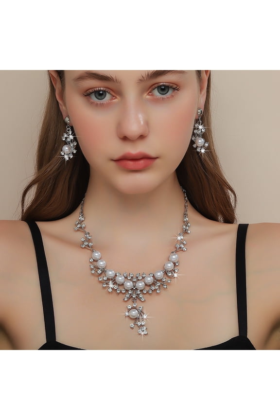Pearl Bride Wedding Jewelry Set Faux Pearls Crystal Rhinestone Necklace Earrings Bracelet Sets for Women Bridesmaid