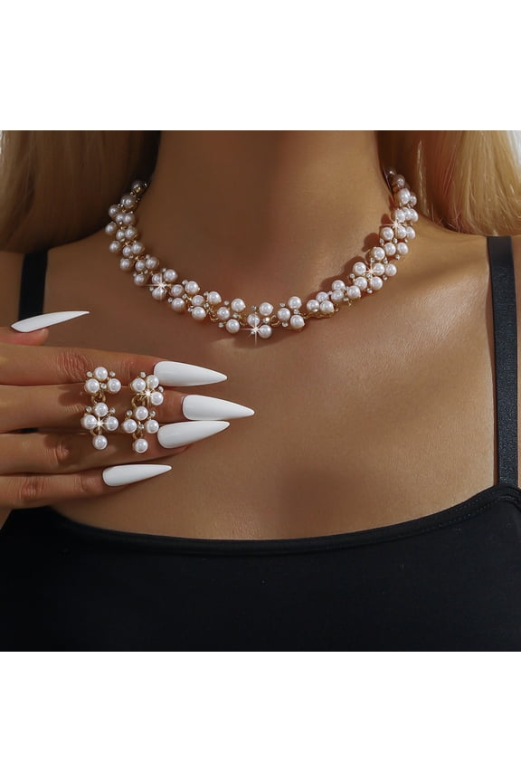 Pearl Bride Wedding Jewelry Set Faux Pearls Crystal Rhinestone Necklace Earrings Bracelet Sets for Women Bridesmaid