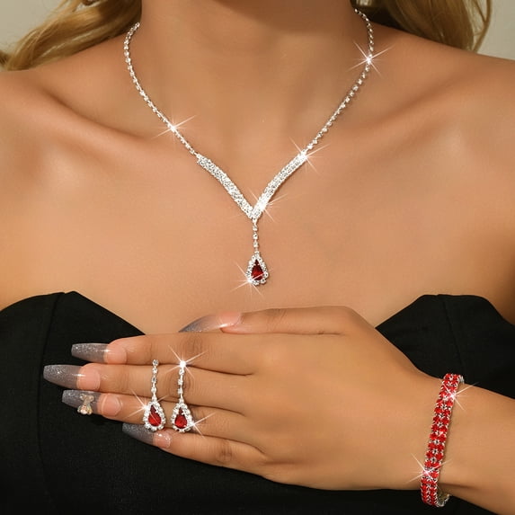 AEXTO Red Rhinestone Teardrop Jewelry Set Glam Accessories for Women, Perfect for Weddings, Parties & Special Occasions