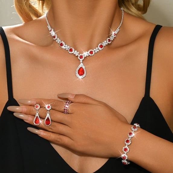 AEXTO Red Teardrop Crystal Set Dangle Earrings & Bracelet – Perfect for Wedding, Party – Victorian Style Silver Jewelry for Women