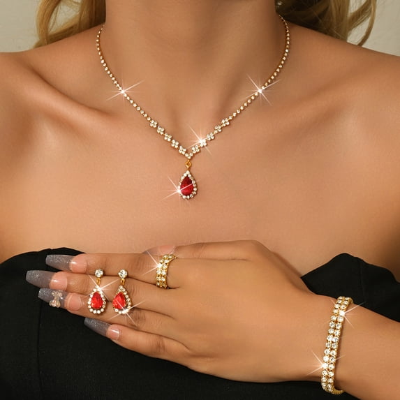 AEXTO Red Teardrop Crystal Set Dangle Earrings & Bracelet – Perfect for Wedding, Party – Victorian Style Silver Jewelry for Women