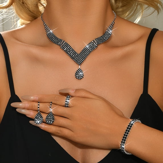 AEXTO Rhinestone Choker Jewelry Set Silver V-Shaped Crystal Collar Necklace Earrings Sets for Women