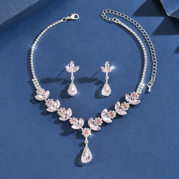 AEXTO Rhinestone Wedding Jewelry Sets Silver Flower Necklace and Earring Set Prom Costume Jewelry for Brides and Women