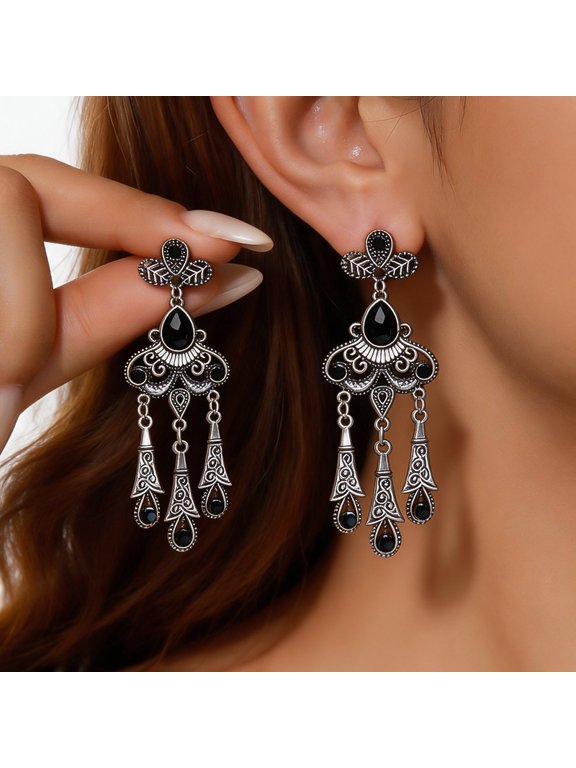Silver Plated Vintage Chandelier Dangle Earrings, Ornate Filigree Tassel Drop Earrings With Black Cubic Cirzonia, Boho Statement Jewelry for Party Festival Holiday Gift for Women