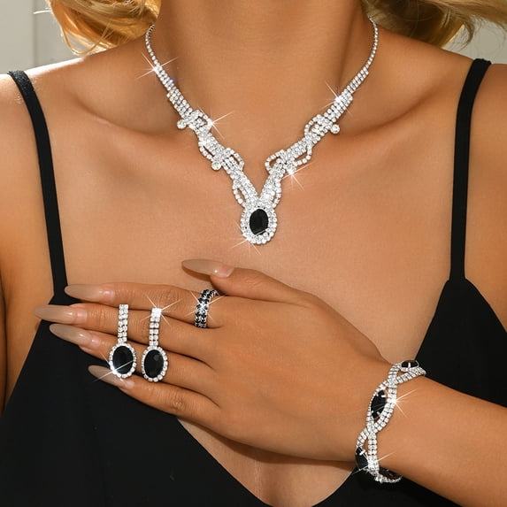 AEXTO Silver Reinstone Jewelry Set 3pcs Statement Necklace, Dangle Earrings Stretch Bracelet with Oval-Cut Rhinestones, Elegant Accessories for Women, Perfect for Evening Parties, Banquets & Weddings