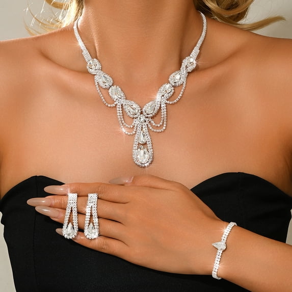 AEXTO Silver-Tone Teardrop Crystal Jewelry Set Statement Necklace, Linear Dangle Earrings, Adjustable Ring & Tennis Bracelet, Elegant Rhinestone Accessories for Women, Perfect for Wedding