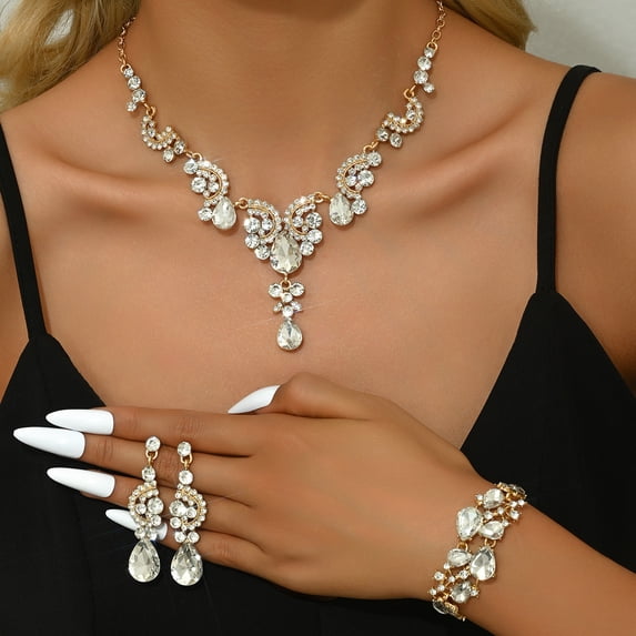 AEXTO Sparkling Cubic Zirconia Necklace, Earrings & Bracelet Set, Vintage-Inspired Nature-Themed Statement Jewelry for Women, Perfect for Weddings, Parties & Special Occasions