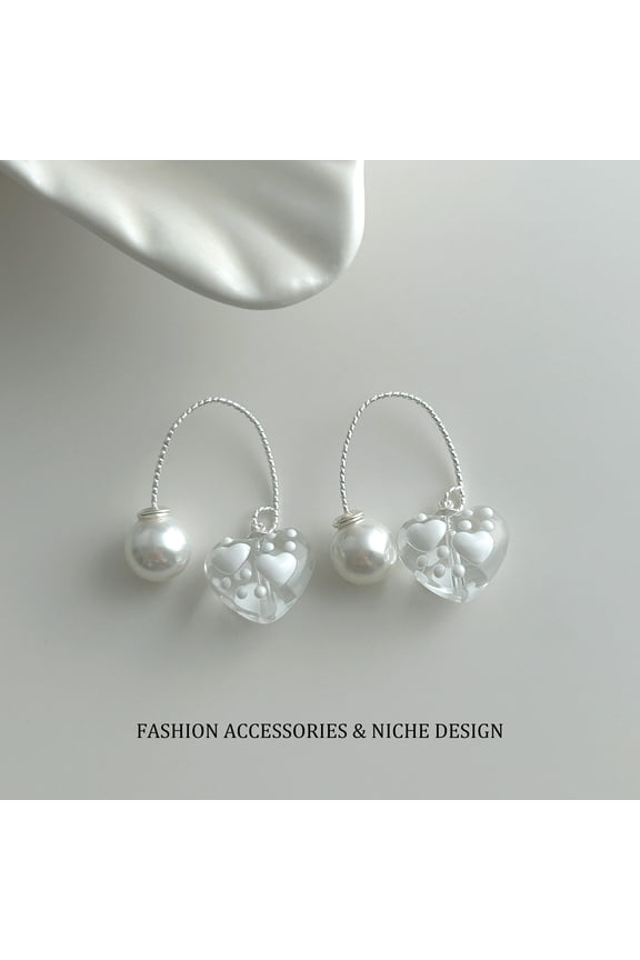 Translucent Embossed Heart Glass Imitation Pearl Curved Drop Earrings