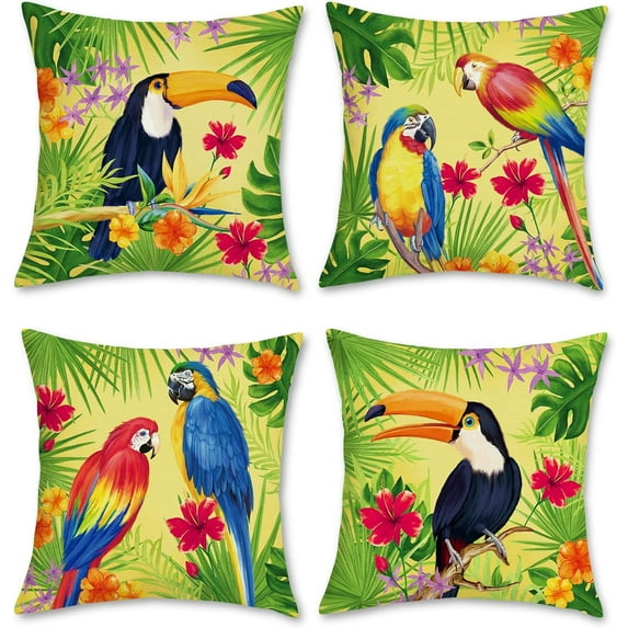 AEXTO Tropical Birds Parrot Toucan Throw Pillow Covers 18 x 18 Inch Set of 4 Flowers Leaves Outdoor Decorative Pillow Cases Polyester Linen Cushion Covers for Sofa Couch Car Bedroom Home Decor