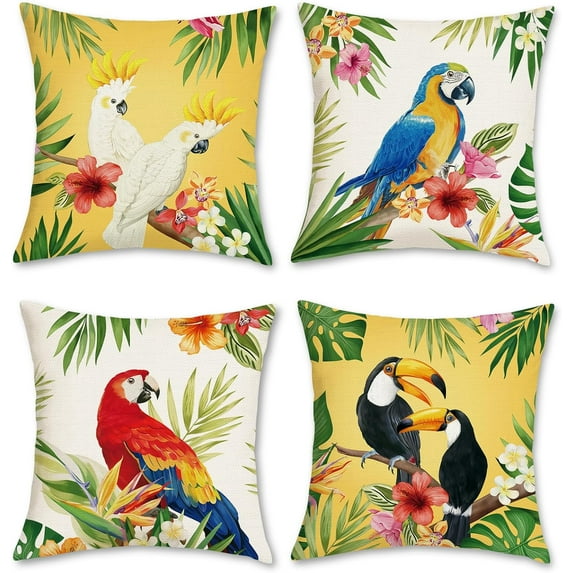 AEXTO Tropical Birds Parrot Toucan Throw Pillow Covers 18 x 18 Inch Set of 4 Flowers Leaves Outdoor Decorative Pillow Cases Polyester Linen Cushion Covers for Sofa Couch Car Bedroom Home Decor
