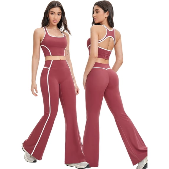 AEXTO Two Piece Womens Workout Set Backless Color Block Tank Tops Matching High Waist Leggings Gym Work Out Outfits