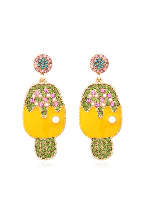 Vibrant Popsicle Shape Dangle Earrings, Multicolor Crystal Inlaid Yellow Enamel Statement Earrings with Faux Pearl Accent