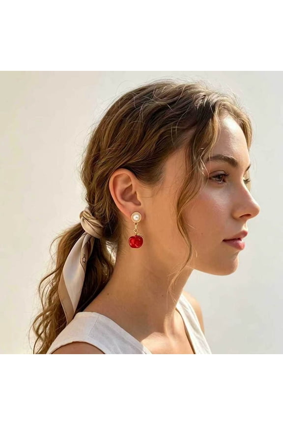 Vintage Gold Tone Freshwater Pearl Stud Red Enamel Cherry Drop Earrings, Hypoallergenic Sweet Fashion Jewelry for Women