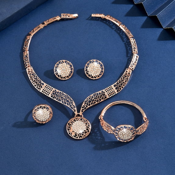 AEXTO Vintage Rose Gold Filigree Jewelry Set for Women – Hollow Round Pendant Necklace, Stud Earrings, Stretch Bracelet & Adjustable Ring – Elegant Bridal Wedding African Inspired Accessories