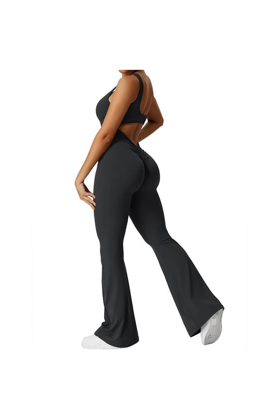 Women Sleeveless Flare Jumpsuits Sexy Backless Tank Tops Bodycon Scrunch Butt Yoga Rompers Seamless Unitard Playsuit Sportswear, Activewear Clothing