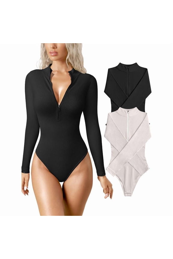 Women's 2 Piece Bodysuits Sexy Ribbed Bed One Piece Zip Front Long Sleeve Tops Bodysuits Knit Soft Korean Minimalist All Seasons Plain Pattern