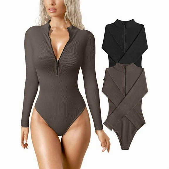 AEXTO Women's 2 Piece Bodysuits Sexy Ribbed Bed One Piece Zip Front Long Sleeve Tops Bodysuits Knit Soft Korean Minimalist All Seasons Plain Pattern
