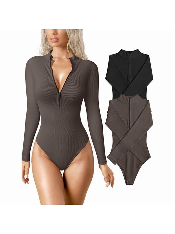 Women's 2 Piece Bodysuits Sexy Ribbed Bed One Piece Zip Front Long Sleeve Tops Bodysuits Knit Soft Korean Minimalist All Seasons Plain Pattern