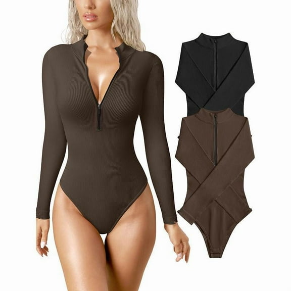 AEXTO Women's 2 Piece Bodysuits Sexy Ribbed Bed One Piece Zip Front Long Sleeve Tops Bodysuits Knit Soft Korean Minimalist All Seasons Plain Pattern