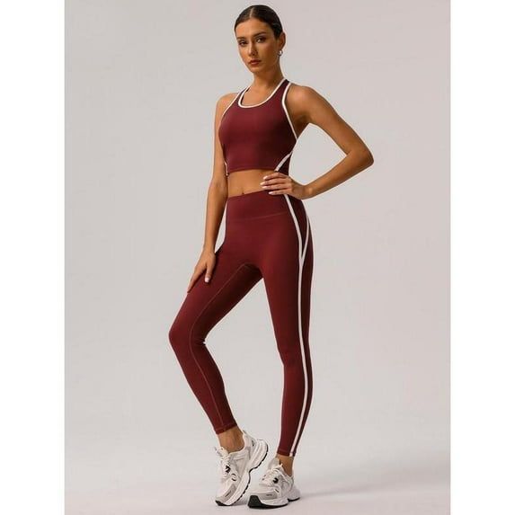 AEXTO Women's Colorblock Crop Tank Top & High Waist Leggings Tracksuit Set, Sporty Casual Breathable Comfy Outfits for Yoga Gym Workout Running, Ladies Sportswear for All Seasons