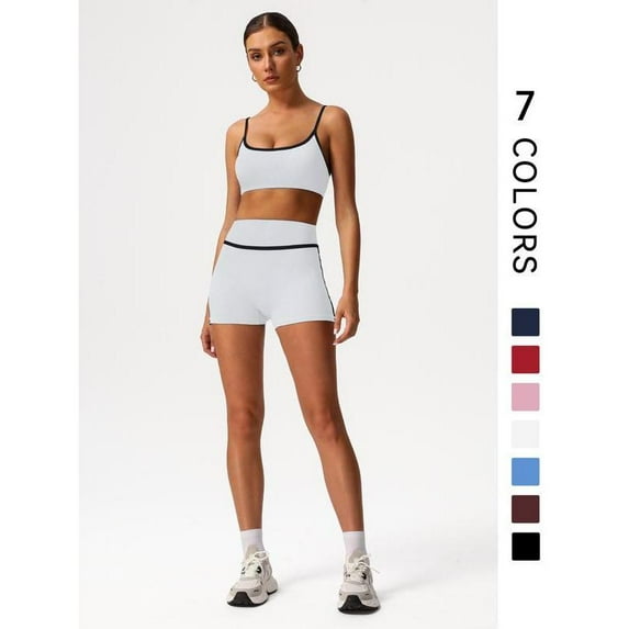 AEXTO Women's Contrast Binding Crop Sports Bra & High Waist Shorts Sportswear Set, Breathable Comfortable Outfits for Yoga Gym Workout Running, Ladies Sportswear for All Seasons