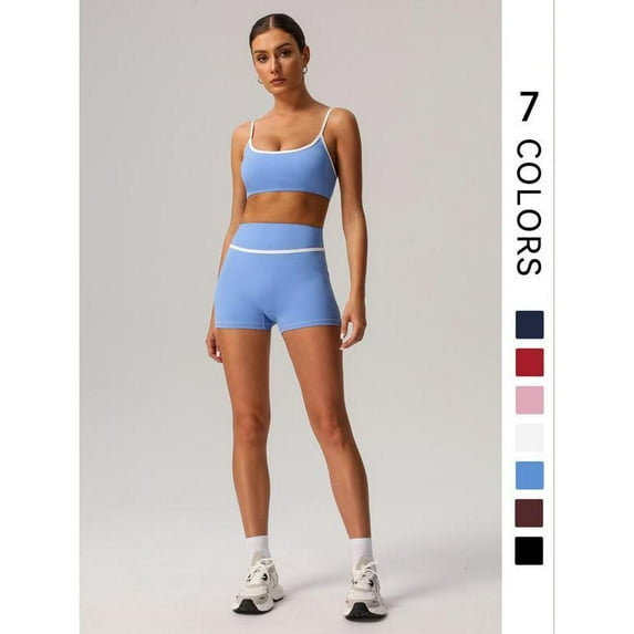 AEXTO Women's Contrast Binding Crop Sports Bra & High Waist Shorts Sportswear Set, Breathable Comfortable Outfits for Yoga Gym Workout Running, Ladies Sportswear for All Seasons