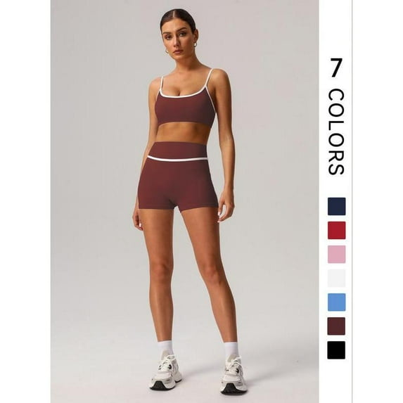 AEXTO Women's Contrast Binding Crop Sports Bra & High Waist Shorts Sportswear Set, Breathable Comfortable Outfits for Yoga Gym Workout Running, Ladies Sportswear for All Seasons