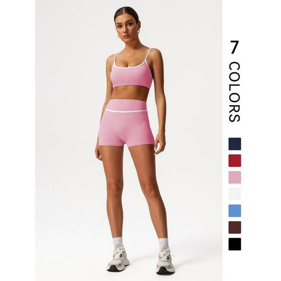 AEXTO Women's Contrast Binding Crop Sports Bra & High Waist Shorts Sportswear Set, Breathable Comfortable Outfits for Yoga Gym Workout Running, Ladies Sportswear for All Seasons
