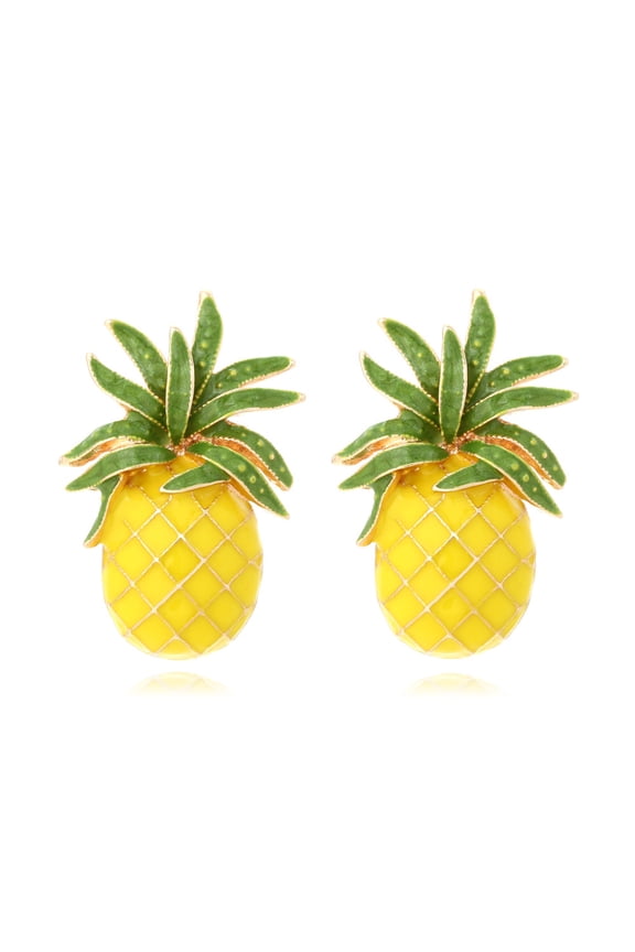 Women's Hypoallergenic Pineapple Earrings, Yellow Green Enamel Gold Plated Cute Fruit Earrings, Summer Beach Holiday Costume Jewelry for Gifting and Daily Outfits