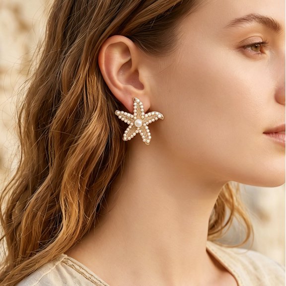 AEXTO Women's Retro Nautical Statement Earrings, Pave Pearl Starfish Design with Central Large Accent Pearl, Lightweight Vacation Jewelry for Daily Wear, Beach Trips and Party Occasions