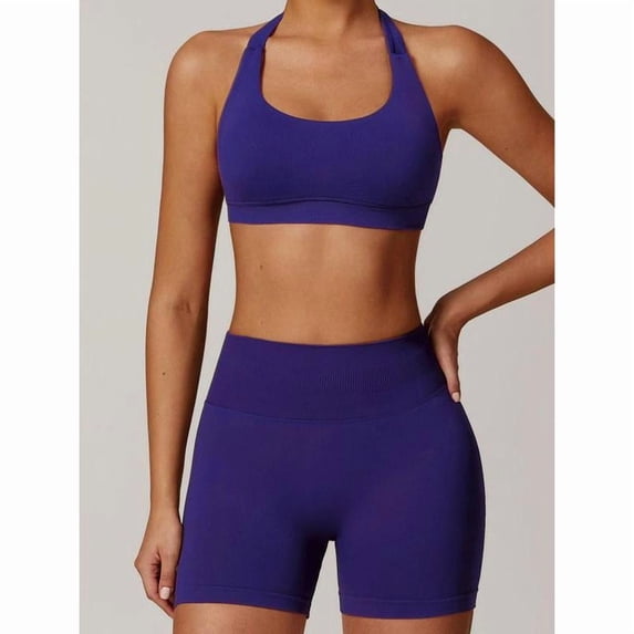 AEXTO Women's Solid Backless Halter Crop Top & High Waist Shorts Workout Gym Yoga Set, Sporty Breathable Comfy Fitness Outfits for Women, Ladies Gym Clothes, Activewear, Valentine's Day Gift