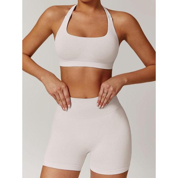 AEXTO Women's Solid Backless Halter Crop Top & High Waist Shorts Workout Gym Yoga Set, Sporty Breathable Comfy Fitness Outfits for Women, Ladies Gym Clothes, Activewear, Valentine's Day Gift