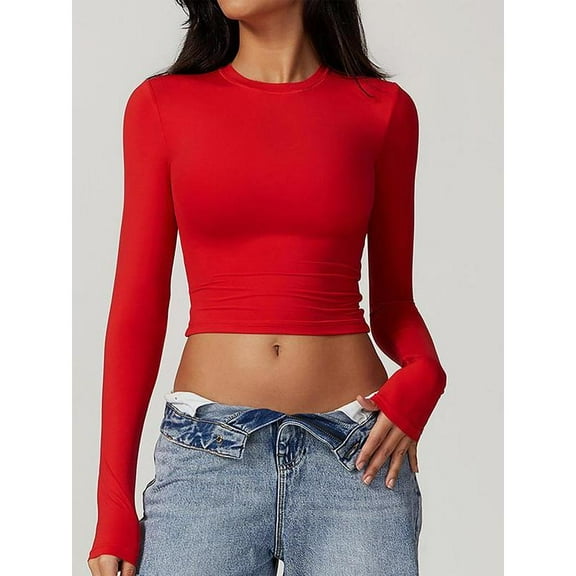 AEXTO Women's Solid Round Neck Compression Sports Tee, Quick Drying Long Sleeve Crew Neck Crop T-shirt, Ladies Sportswear for Indoor Outdoor Wear, Valentine's Day Gift for Girl