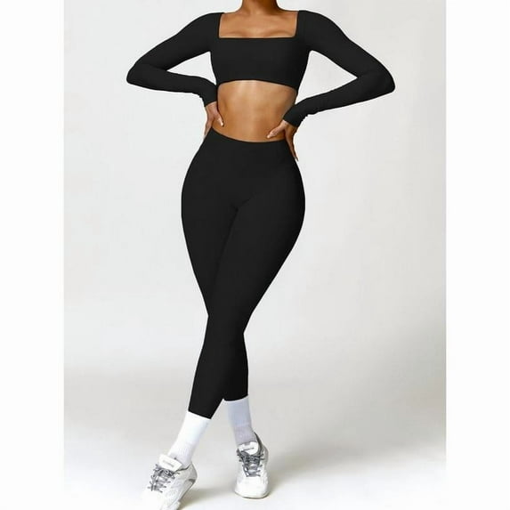 AEXTO Women's Solid Square Neck Crop Sports Tee, Sporty Tight-fitting Long Sleeve T-shirt for Yoga Gym Workout, Ladies Sportswear for All Seasons