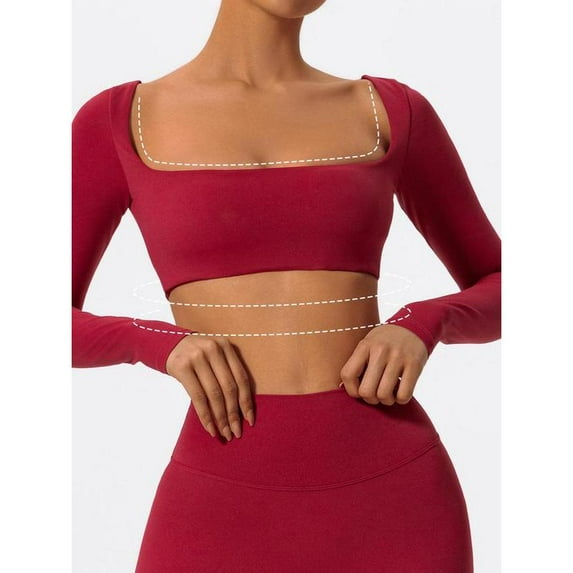 AEXTO Women's Solid Square Neck Crop Sports Tee, Sporty Tight-fitting Long Sleeve T-shirt for Yoga Gym Workout, Ladies Sportswear for All Seasons