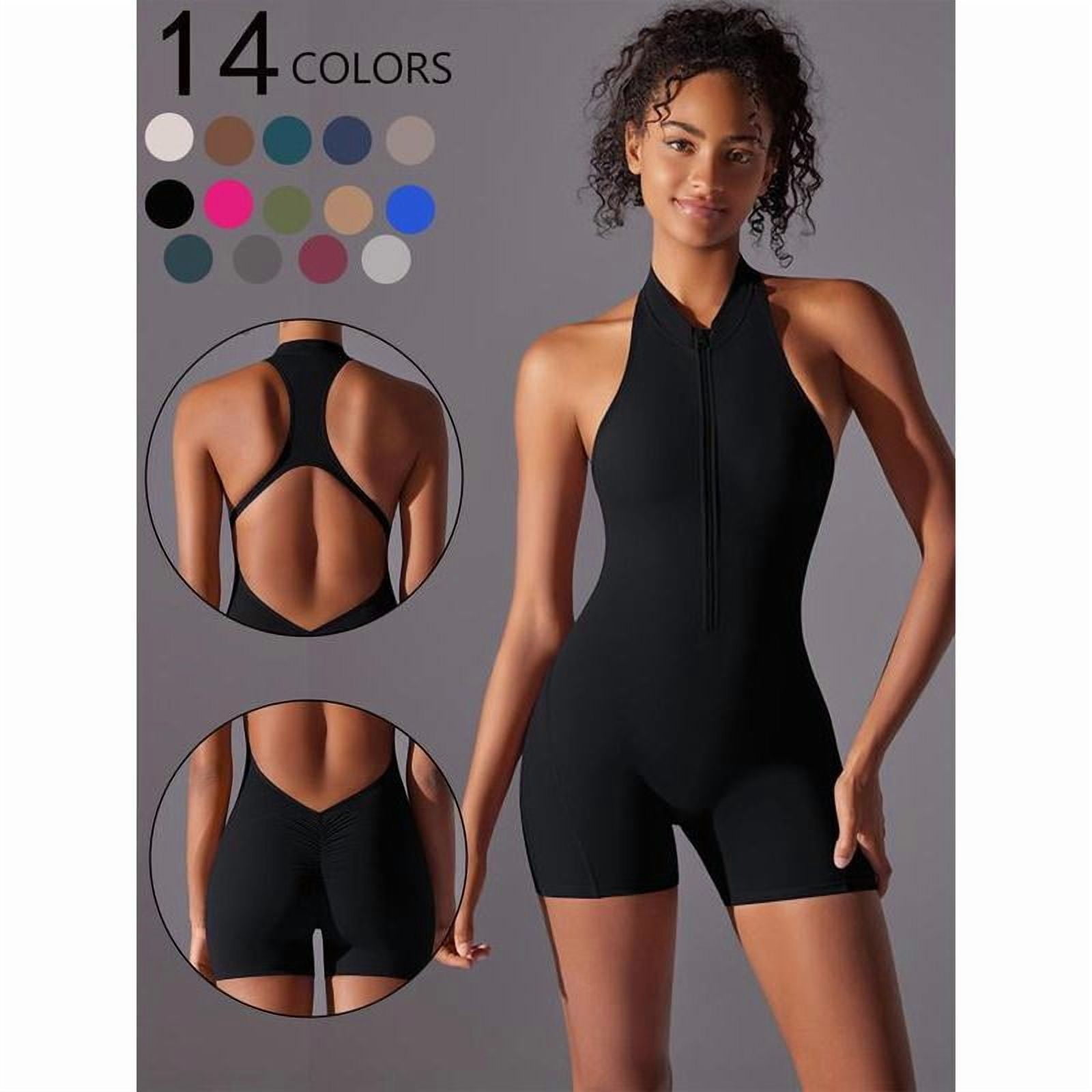 Ecupper Jumpsuit voor dames, korte mouwen, sportief, behaaglijk, bodycon met ritssluiting, eendelig rompertje, zwart, M Ecupper Jumpsuit voor dames, korte mouwen, sportief, behaaglijk, bodycon met ritssluiting, eendelig rompertje, zwart, M