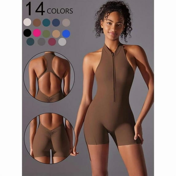 AEXTO Women's Solid Zip Back Sports Romper, Breathable Comfortable Sleeveless Bodycon Romper for Yoga Gym Workout, Ladies Sportswear for All Seasons