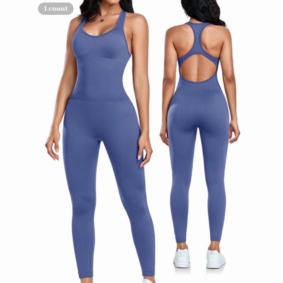 AEXTO Women's Square Neck Sports Jumpsuit with Removable Bra Pad, Womens Solid Sleeveless Sport Jumpsuit, Ladies Sportswear Clothing, Tummy Control, Jumpsuits for Women, Workout Gym Clothing