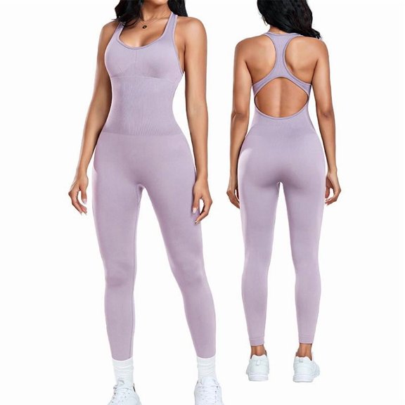 AEXTO Women's Square Neck Sports Jumpsuit with Removable Bra Pad, Womens Solid Sleeveless Sport Jumpsuit, Ladies Sportswear Clothing, Tummy Control, Jumpsuits for Women, Workout Gym Clothing