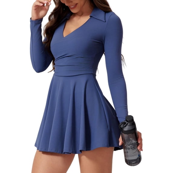 AEXTO Womens Tennis Dress Polo Collar Long Sleeve A-line Mini Exercise Athletic Dresses with Pockets Shorts