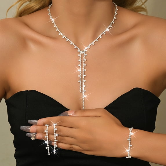 AEXTO Y Shape Bridal Wedding Jewelry Sets Rhinestone Necklace Earrings Bracelet Set Prom Formal Costume Jewelry Sets for Women and Brides